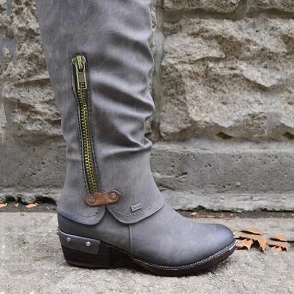 Gray Suede Heeled Boots with Slouchy Design - Picture 4 of 14